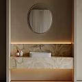 Modern Washbasin Area With Circular Mirror Marble Countertop Built-in Sink Light Strip And Minimalist Design