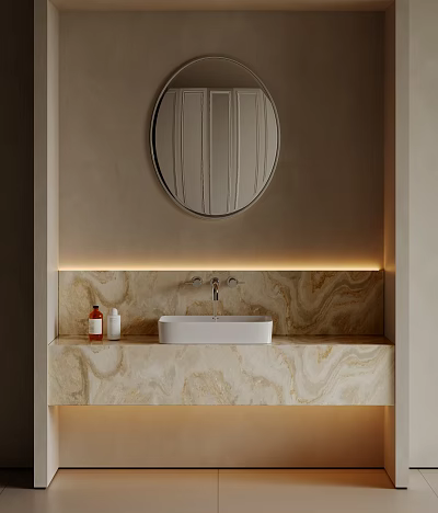 Modern Washbasin Area With Circular Mirror Marble Countertop Built-in Sink Light Strip And Minimalist Design 3d model