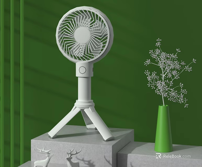 White Air Cooler Fan with Tripod Stand on Gray Platform Green Wall Decor 3d model 