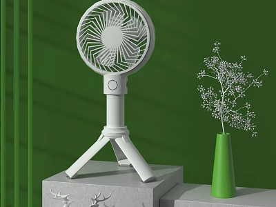 White Air Cooler Fan with Tripod Stand on Gray Platform Green Wall Decor 3d model