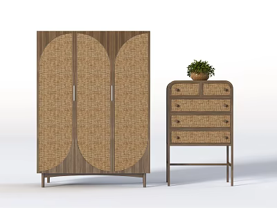 Modern Rattan Wardrobe With Curved Doors And Drawer Chest With Potted Plant 3d model
