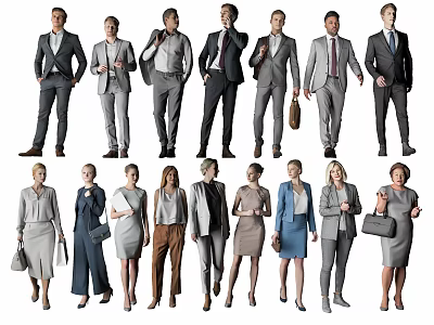 Group of Male and Female Business Professionals in Formal Attire Standing with Various Outfits 3d model