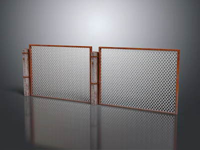 Rusty Metal Mesh Fence With Support Posts And Grid Panels 3d model