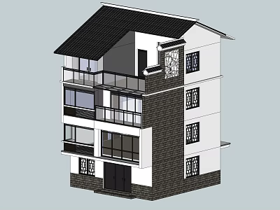 Three Story Detached Villa With Black Tile Roof White Brick Exterior And Balconies 3d model