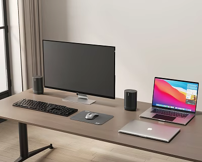 Home Office Computer Setup With Monitor Keyboard Mouse Pad Speakers And Laptops On Wooden Desk 3d model