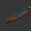 Traditional Wooden Boat With Blue Canopy And Outboard Motor For Water Travel
