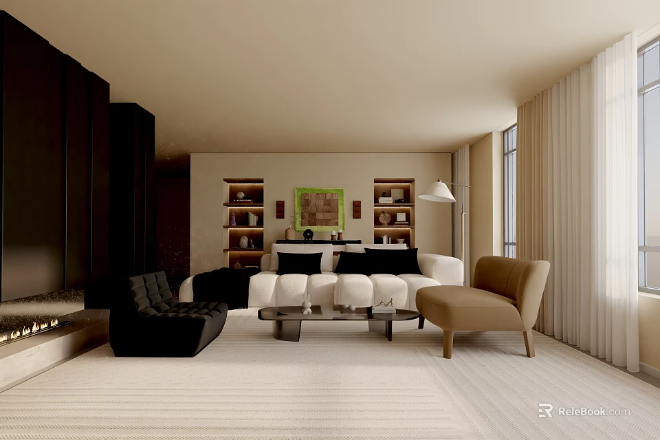 Modern Living Room Interior Design With White Sofa Black Armchair Coffee Table And Bookshelves 3d model 