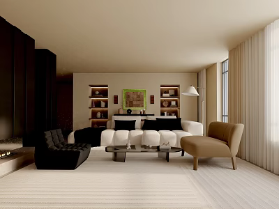 Modern Living Room Interior Design With White Sofa Black Armchair Coffee Table And Bookshelves 3d model