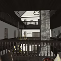 Hotel Lobby Interior With Wooden Floor Chandelier Bar Counter And Balcony