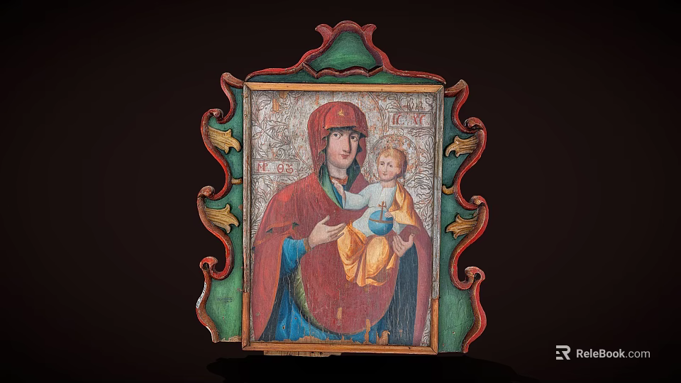 Vintage Religious Figure Painting Madonna With Child Jesus In Ornate Green Red Frame 3d model 