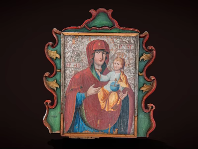 Vintage Religious Figure Painting Madonna With Child Jesus In Ornate Green Red Frame 3d model
