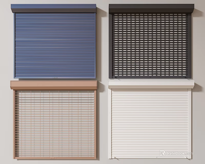 Various Roller Shutters With Grid Patterns And Solid Colors For Home Windows 3d model
