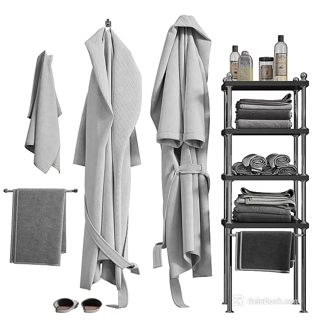 Soft Hanging Towels and Bathrobes with Folded Towels on Chrome Rack 3d model 