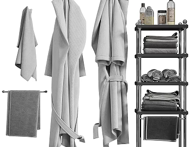 Soft Hanging Towels and Bathrobes with Folded Towels on Chrome Rack 3d model