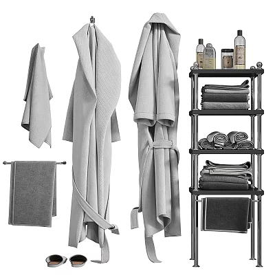 Soft Hanging Towels and Bathrobes with Folded Towels on Chrome Rack 3d model
