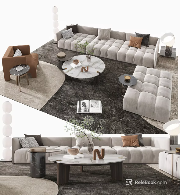Modern Sofa And Coffee Table Set With Round Table Throw Pillows And Decorative Items 3d model