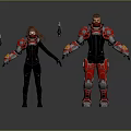 Two Characters In Black Bodysuit And Red Mech Suit With Red Weapon