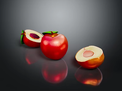 Fresh Red Apple With Whole And Sliced Pieces Showing Flesh And Core On Dark Background 3d model