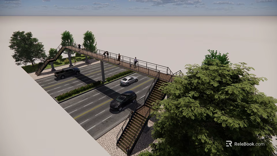 Urban Pedestrian Bridge Over Road With Cars Pedestrians Trees And Stairs 3d model 