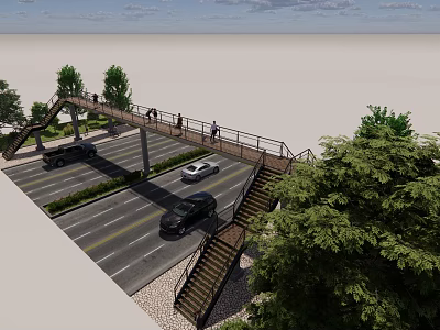 Urban Pedestrian Bridge Over Road With Cars Pedestrians Trees And Stairs 3d model