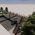 Urban Pedestrian Bridge Over Road With Cars Pedestrians Trees And Stairs