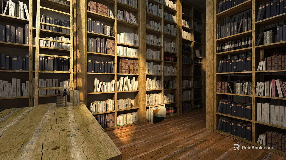Classic Library Interior With Tall Wooden Bookshelves Filled With Organized Books And Warm Lighting 3d model 