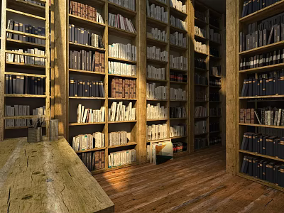 Classic Library Interior With Tall Wooden Bookshelves Filled With Organized Books And Warm Lighting 3d model