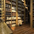 Classic Library Interior With Tall Wooden Bookshelves Filled With Organized Books And Warm Lighting