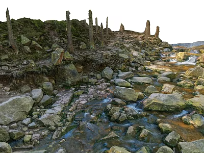 Rural Landscape Featuring Flowing Stream Scattered Rocks Standing Dead Wooden Stakes And Lush Grassland 3d model