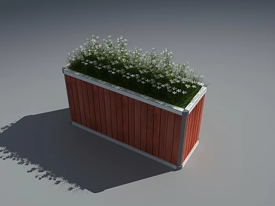 Decorative Red Wooden Garden Planter With Metal Frame And White Flowers Green Plants 3d model