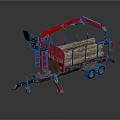 Red Timber Truck with Extended Crane Arm Loaded with Stacked Wood Logs for Forestry Transport