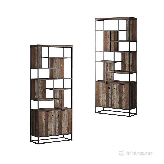 Modern Wooden Bookcase With Metal Frame Grid Shelves And Cabinet Doors 3d model 