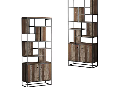 Modern Wooden Bookcase With Metal Frame Grid Shelves And Cabinet Doors 3d model