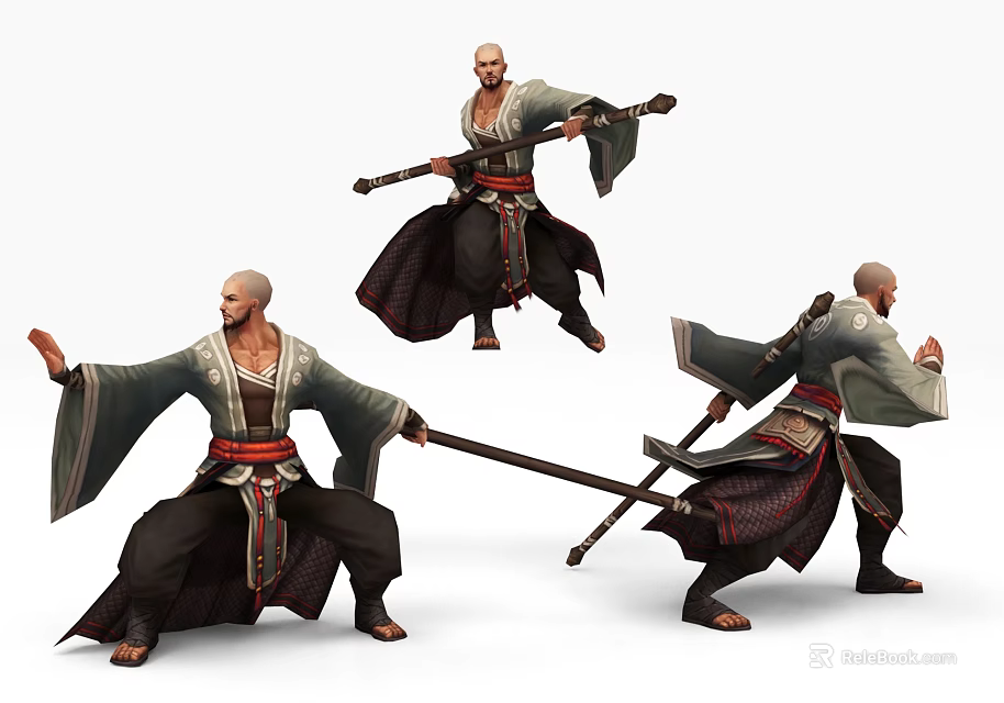 Bald Headed Martial Arts Game Movie Character With Long Staff Traditional Robe And Action Poses 3d model 