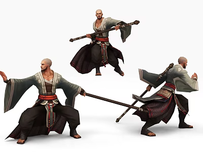 Bald Headed Martial Arts Game Movie Character With Long Staff Traditional Robe And Action Poses 3d model