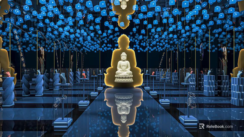 Buddha Statue Exhibition Hall With Blue Lantern Ceiling And Reflective Floor 3d model 