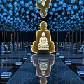 Buddha Statue Exhibition Hall With Blue Lantern Ceiling And Reflective Floor
