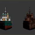 Water Vessels Modern Cargo Ship With Green Red Hull Yellow Crane And Rusty Barge