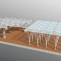 Outdoor Pergolas With Geometric White Metal Frame And Glass Roof On Red Brick Floor