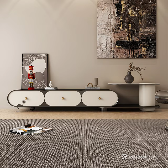 Modern Black and White TV Stand with Gold Handles and Decorative Items 3d model 