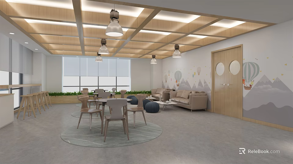 Modern Lounge Area Interior With Sofa Dining Table Chandeliers And Decorative Wall 3d model