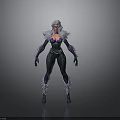 Female Fantasy Character With White Long Hair Red Skin Black Tight Suit White Fur Decorations
