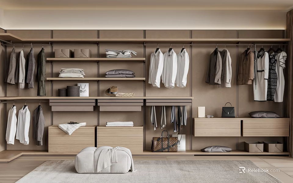 Walk In Closet Design With Wooden Cabinets Hanging Clothes And Storage Shelves 3d model 