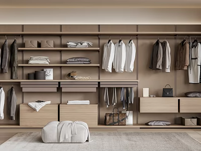 Walk In Closet Design With Wooden Cabinets Hanging Clothes And Storage Shelves 3d model