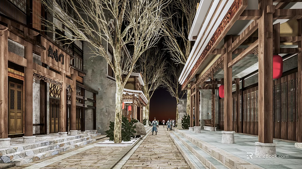 Traditional Commercial Street Landscape With Ancient Architecture Stone Pavement Trees And Pedestrians 3d model 