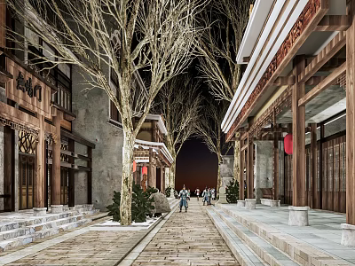 Traditional Commercial Street Landscape With Ancient Architecture Stone Pavement Trees And Pedestrians 3d model