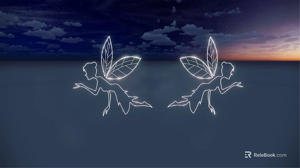 Fairy Shaped Decorative Lights with Wing Design Illuminated in Night Sky 3d model 