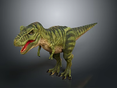Realistic Tyrannosaurus Rex Dinosaur Figure With Green Striped Skin Open Mouth And Sharp Teeth 3d model