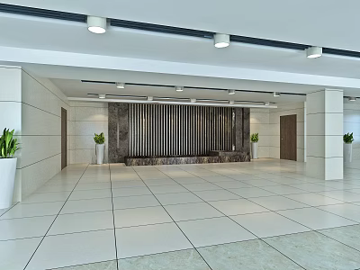 Spacious Modern Hotel Lobby Design With Marble Reception Green Plants And Tiled Floor 3d model