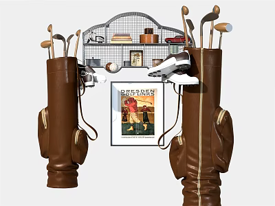 Brown Golf Bags With Clubs And Shelf Display For Sports Equipment 3d model